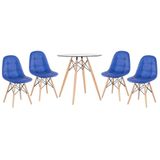 Kit - Mesa De Vidro Eames 70 Cm + 4 Cadeiras Eames Botonê Azul Azul
