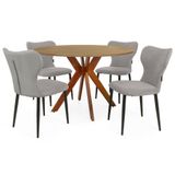 Conjunto Mesa De Jantar Redonda Marci 120cm Natural Com 4 Cadeiras Estofadas Jacobsen - Cinza