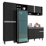 Cozinha Modulada Vanessa 230cm Paneleiro, Balcão Com Tampo Mdp E Aéreo Preto - Ajl Móveis Preto