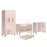 Dormitório Infantil Q Encanto Retrô Guarda Roupa, Cômoda E Berço Rosa Com Colchão Supreme - Qmovi Rosa
