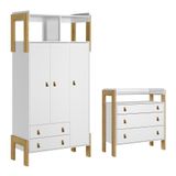 Jogo De Quarto Infantil Fantasia Guarda Roupa E Cômoda 3 Gavetas - Qmovi Branco Acetinado