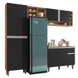 Cozinha Modulada Vanessa 230cm Paneleiro, Balcão Com Tampo Mdp E Aéreo Amêndoa-preto - Ajl Móveis Amêndoa-preto