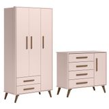 Jogo De Quarto Infantil Q Encanto Retrô Com Guarda Roupa E Cômoda Rosa - Qmovi Rosa