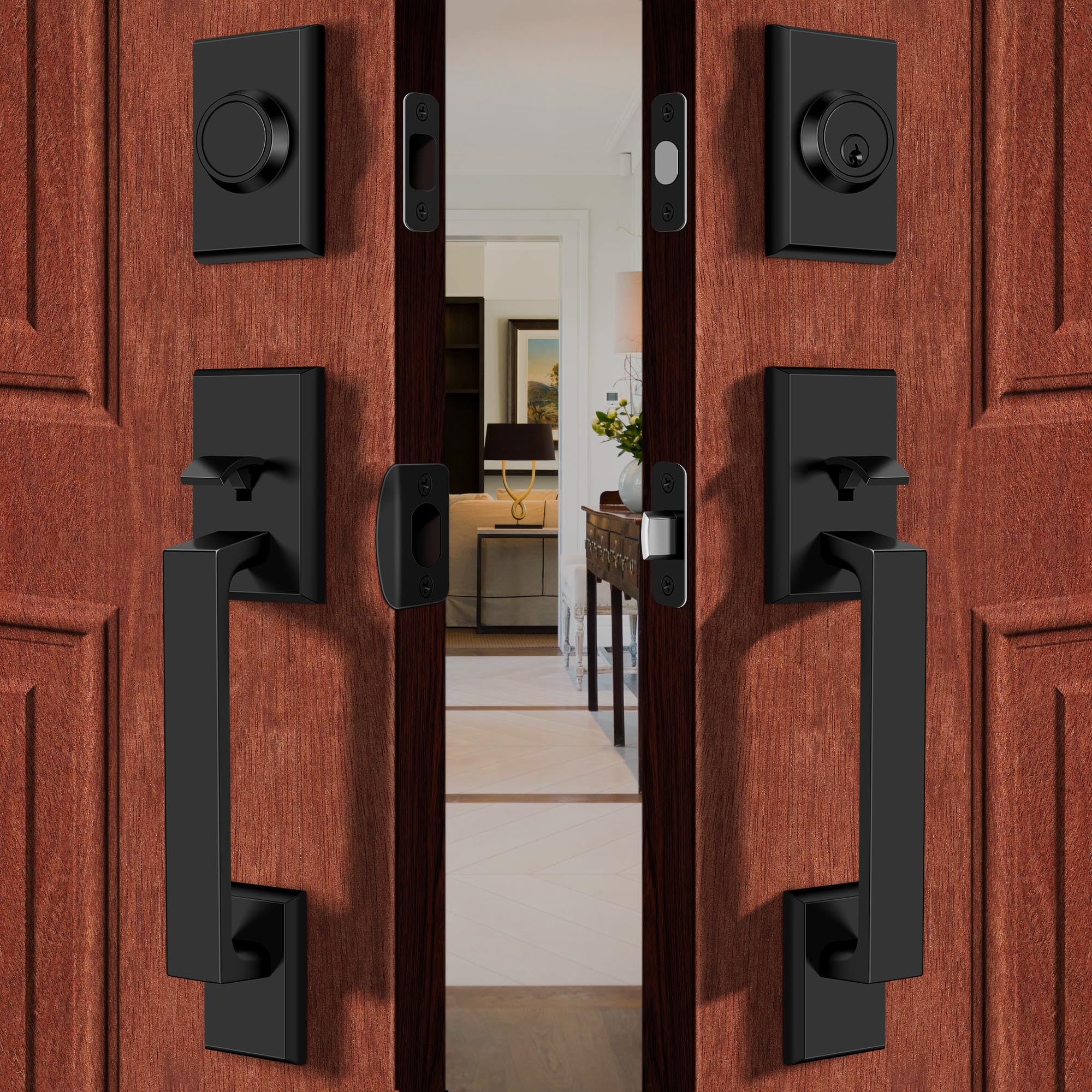 Conjunto De Fechadura Dupla Para Porta Frontal Gaurqiah Square Matte Black