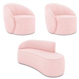 Sofá 3 Lugares Orgânico 180cm Morgan E 2 Poltronas Lua Suede Rosa Bebê D03 - D&#39;rossi