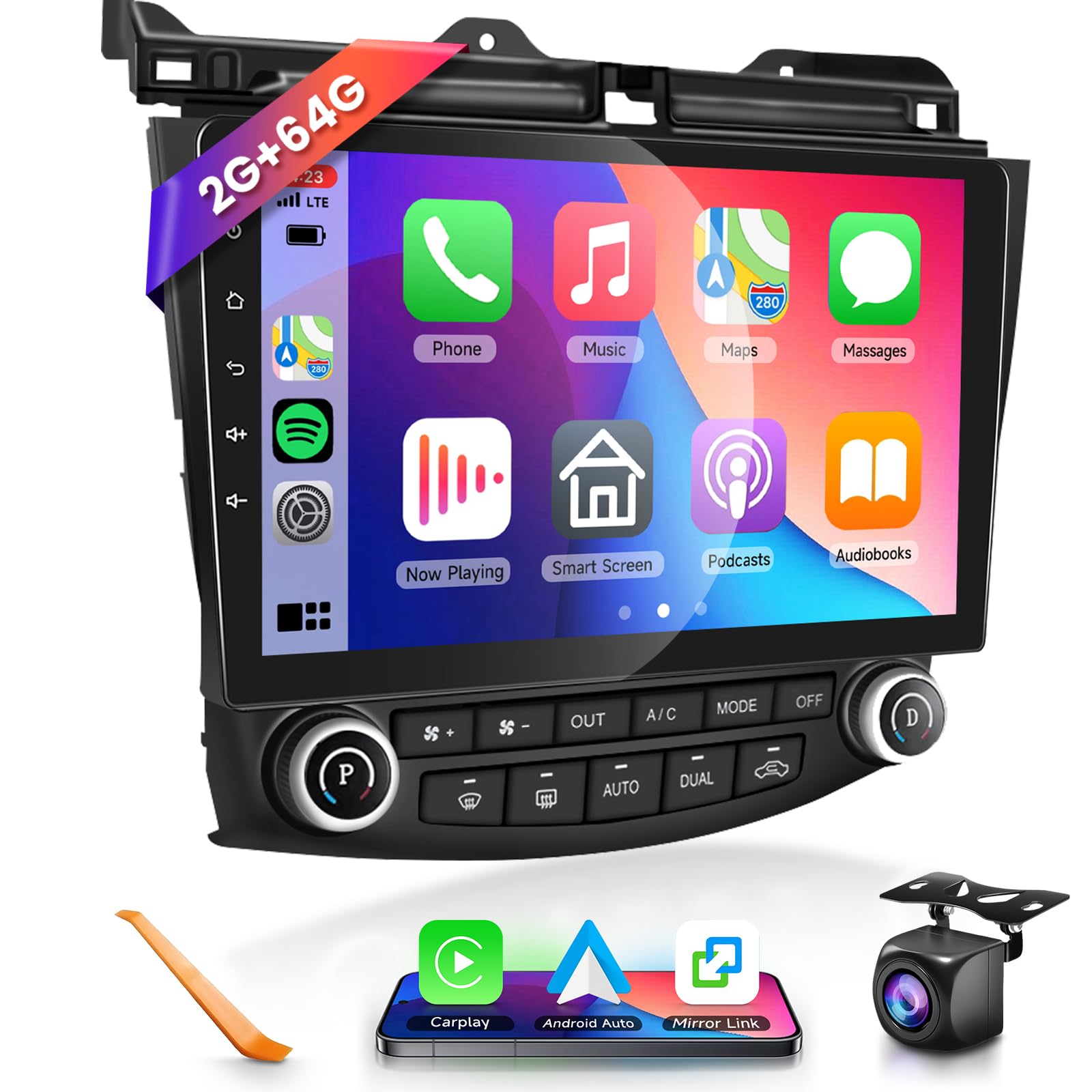 Rádio De Carro Stereo Podofo 2gb+64gb Com Carplay/android Auto Sem Fio Para Honda Accord 7th 2003-2007