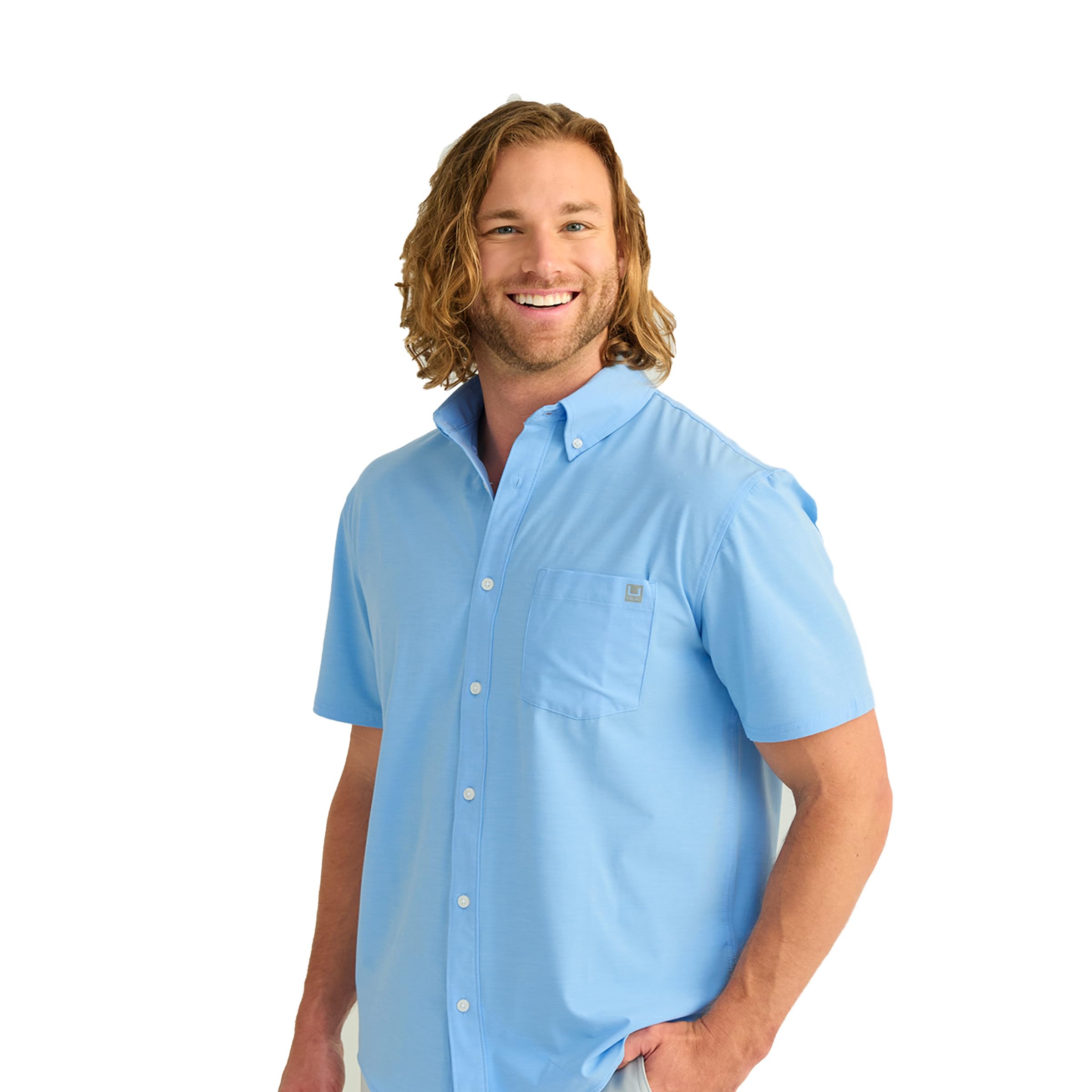 Camisa De Pesca Huk Kona Solid De Manga Curta Para Homens - Azul