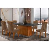 Conjunto: Mesa De Cozinha Luna Tampo Madeirado C/ Vidro Curvo 180x90 E 6 Cadeiras Amsterdã Imbuia/suede Capuccino - Rufato