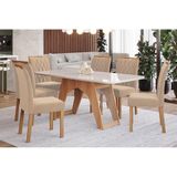Conjunto: Mesa De Cozinha Carol Tampo Madeirado C/ Vidro 180x90cm E 6 Cadeiras Juliana Nature-madeirado/off White-suede Nude Bege - Cimol