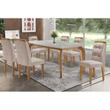 Conjunto: Mesa De Cozinha Londrina Tampo Madeirado C/ Vidro 180x90cm E 6 Cadeiras Imperatriz Capuccino/linho Bege Turim - Rufato