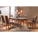 Conjunto: Mesa Sala Jantar Londrina Tampo Madeirado C/ Vidro Curvo 180x90 E 6 Cadeiras Londrina Imbuia/suede Capuccino - Rufato