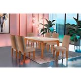 Conjunto: Mesa De Cozinha Londrina Tampo Madeirado C/ Vidro 180x90cm E 6 Cadeiras Lunara Capuccino/linho Bege Turim - Rufato