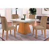 Conjunto: Mesa De Cozinha Luna C/ Tampo Madeirado C/ Vidro Canto Curvo 90x90cm E 4 Cadeiras Amsterdã Imbuia/off White - Suede Capuccino - Rufato