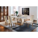Conjunto: Mesa De Cozinha Jade Tampo Madeirado C/ Vidro Canto Curvo 180x90cm E 6 Cadeiras Lunara Capuccino/suede Creme - Rufato