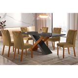 Conjunto: Mesa Sala Jantar Imperatriz Tampo Madeirado C/ Vidro Curvo 180x90 E 6 Cadeiras Amsterdã Imbuia/suede Capuccino - Rufato
