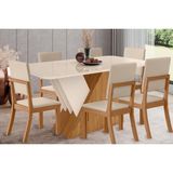 Conjunto: Mesa Sala Jantar Épic Sc24 Tampo Madeirado C/ Vidro Canto Curvo 160x90cm E 6 Cadeiras Milla Nature/suede Light Linho - Henn