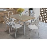 Conjunto: Mesa Sala Jantar Elba Tampo Madeirado C/ Vidro 120cm E 6 Cadeiras Holanda Cromada/freijo Bronze - Courano Branco - Kappesberg