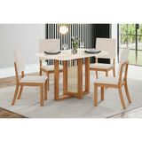 Conjunto: Mesa De Cozinha Natalí C/ Tampo Madeirado C/ Vidro Curvo 120x80cm E 4 Cadeiras Milla Nature/suede Light Linho - Henn