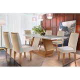 Conjunto: Mesa De Cozinha Alvorada Tampo Madeirado C/ Vidro Canto Reto 180x90cm E 6 Cadeiras Lunara Capuccino/suede Creme - Rufato