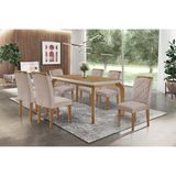 Conjunto: Mesa De Cozinha Londrina Tampo Madeirado C/ Vidro 180x90cm E 6 Cadeiras Melissa Capuccino/linho Bege Turim - Rufato
