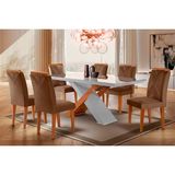 Conjunto: Mesa Sala Jantar Imperatriz Tampo Madeirado C/ Vidro Curvo 180x90 E 6 Cadeiras Amsterdã Imbuia/suede Capuccino - Rufato