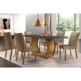 Conjunto: Mesa Sala Jantar Jade Tampo Madeirado C/ Vidro Canto Curvo 180x90 E 6 Cadeiras Londrina Imbuia/grafite - Suede Capuccino - Rufato