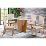 Conjunto: Mesa De Cozinha Vértice C/ Tampo Reto Madeirado C/ Vidro 120x80cm E 4 Cadeiras Milla Nature/linho - Henn