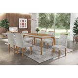 Conjunto: Mesa De Cozinha Londrina Tampo Madeirado C/ Vidro 180x90cm E 6 Cadeiras Melissa Capuccino/linho Bege Turim - Rufato