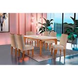 Conjunto: Mesa De Cozinha Londrina Tampo Madeirado C/ Vidro 180x90cm E 6 Cadeiras Lunara Capuccino/linho Bege Turim - Rufato