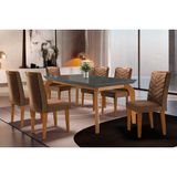 Conjunto: Mesa Sala Jantar Londrina Tampo Madeirado C/ Vidro Curvo 180x90 E 6 Cadeiras Londrina Imbuia/suede Capuccino - Rufato