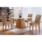 Conjunto: Mesa Sala Jantar Luna C/ Tampo Madeirado C/ Vidro Canto Curvo 90x90cm E 4 Cadeiras Londrina Imbuia/off White - Suede Capuccino - Rufato