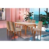 Conjunto: Mesa De Cozinha Londrina Tampo Madeirado C/ Vidro 180x90cm E 6 Cadeiras Lunara Capuccino/linho Bege Turim - Rufato
