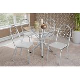 Sala De Jantar Completa Volga C/ Tampo De Vidro 90cm E 4 Cadeiras Holanda Cromada - Courano Branco - Kappesberg