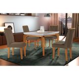 Conjunto: Mesa De Cozinha Londrina C/ Tampo Madeirado C/ Vidro Canto Reto 120x80cm E 4 Cadeiras Amsterdã Imbuia/off White - Suede Capuccino - Rufato