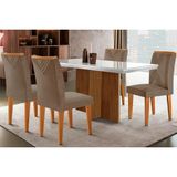 Conjunto: Mesa De Cozinha Berlim C/ Tampo Madeirado C/ Vidro Canto Curvo 120x80cm E 4 Cadeiras Amsterdã Imbuia/off White - Suede Capuccino - Rufato