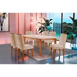 Conjunto: Mesa De Cozinha Londrina Tampo Madeirado C/ Vidro 180x90cm E 6 Cadeiras Lunara Capuccino/suede Creme - Rufato