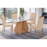Conjunto: Mesa De Cozinha Ágata Tampo Madeirado C/ Vidro 130x80cm E 4 Cadeiras Juliana Madeirado/suede Nude Bege - Cimol