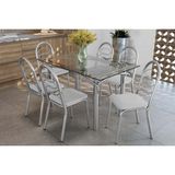 Conjunto: Mesa Sala Jantar Elba C/ Tampo De Vidro 140cm E 6 Cadeiras Holanda Cromada - Courano Branco - Kappesberg