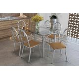 Conjunto: Mesa Sala Jantar Elba C/ Tampo De Vidro 120cm E 6 Cadeiras Holanda Cromada - Courano Capuccino - Kappesberg