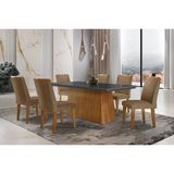 Conjunto: Mesa De Cozinha Luna C/ Tampo De Vidro Canto Curvo 180x90cm E 6 Cadeiras Londrina Imbuia/grafite - Suede Capuccino - Rufato