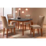Conjunto: Mesa De Cozinha Londrina Tampo Madeirado C/ Vidro Curvo 120x80 E 4 Cadeiras Londrina Imbuia/suede Capuccino - Rufato