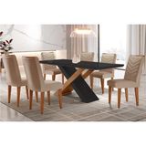 Conjunto: Mesa De Cozinha Imperatriz Tampo Madeirado C/ Vidro Canto Curvo 180x90 E 6 Cadeiras Londrina Imbuia/grafite - Suede Capuccino - Rufato