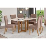 Conjunto: Mesa Sala Jantar Natalí C/ Tampo Madeirado C/ Vidro Curvo 160x90cm E 6 Cadeiras Nina Nature/suede Light Marrom Amêndoa - Henn