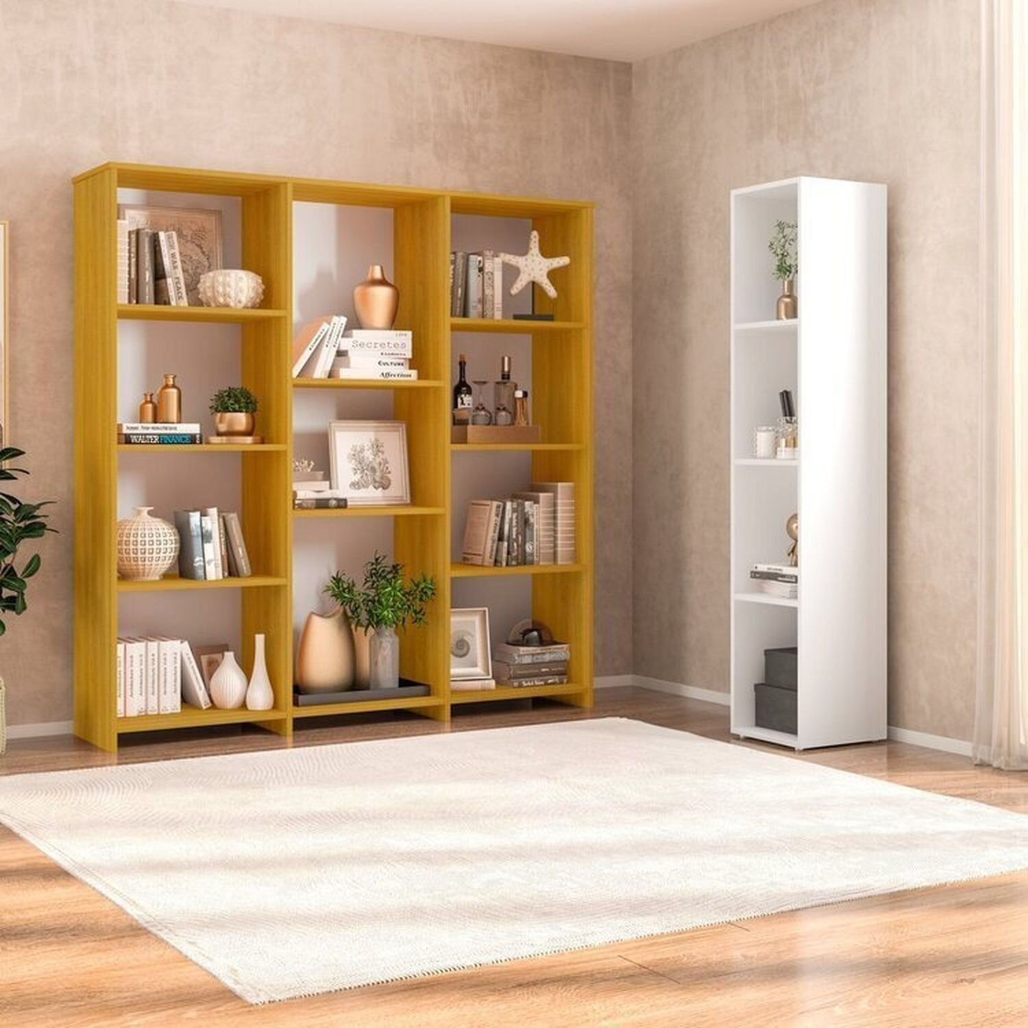 Kit Com 1 Estante Multiuso 11 Nichos Odelia E 1 Estante Para Livros 4 Nichos Delta Freijó/branco