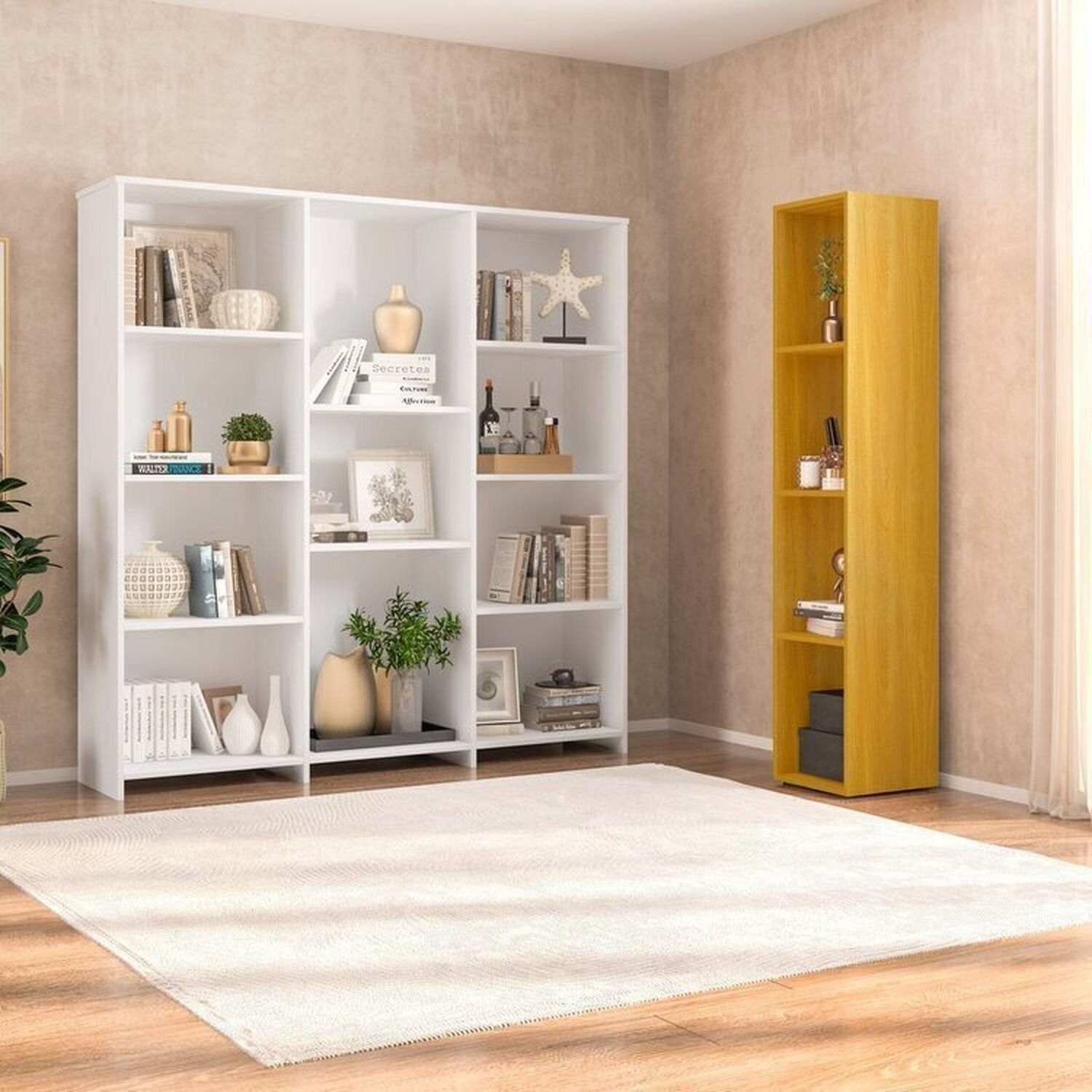 Kit Com 1 Estante Multiuso 11 Nichos Odelia E 1 Estante Para Livros 4 Nichos Delta Branco/freijó