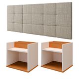 Kit 2 Mesinhas Suspensa Madri Off/cinamomo Nicho Divisória Retrô Cabeceira Bia 1,40 Estofado Linho Bege Cama Box Casal Quarto