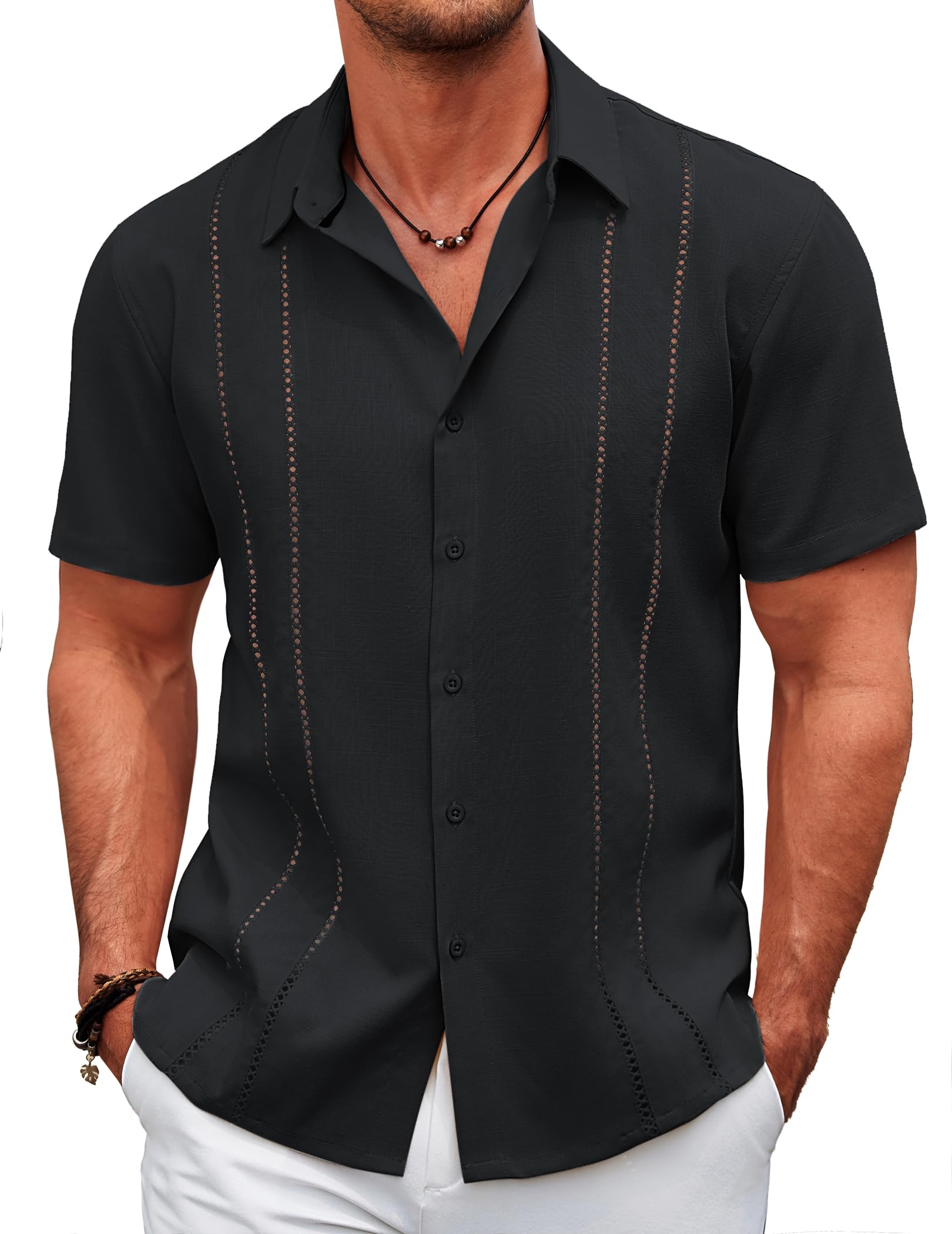 Camisas Masculinas De Praia De Verão Da Guayabera Cubana Coofandy, Com Botões, Pretas, Camisas De Manga Curta, Camisa Casual De Linho