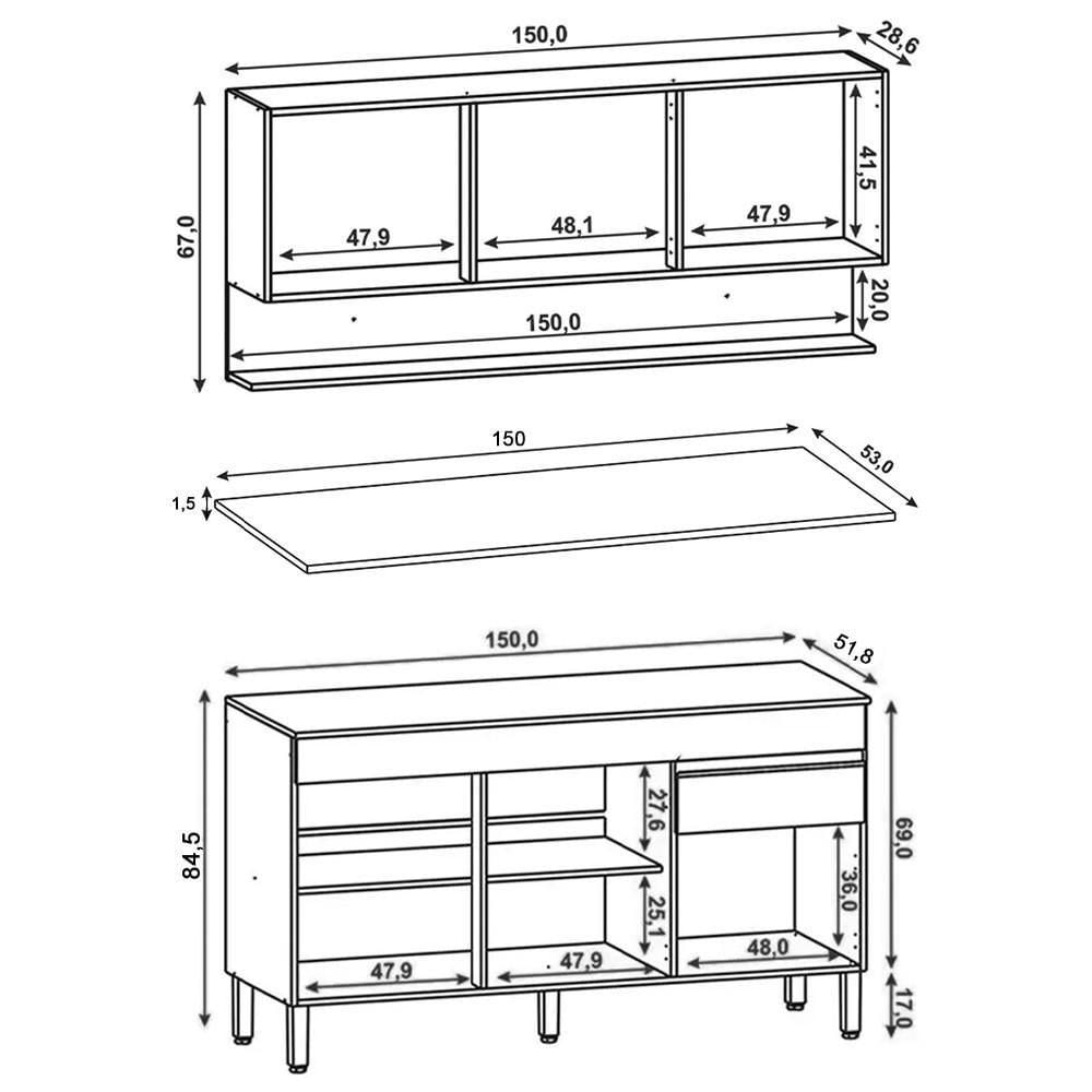 Armário De Cozinha E Balcão Com Tampo 150cm Lina K02 Supremo