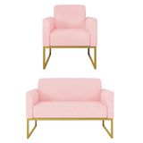 Kit Namoradeira E 1 Poltrona Decorativa Base Industrial Dourada Maressa S19 Suede Rosa Bebê - Ibiza