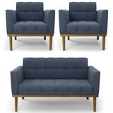 Sofá Namoradeira E 2 Poltronas Base Madeira Castanho Ana Suede Azul Marinho - Ibiza
